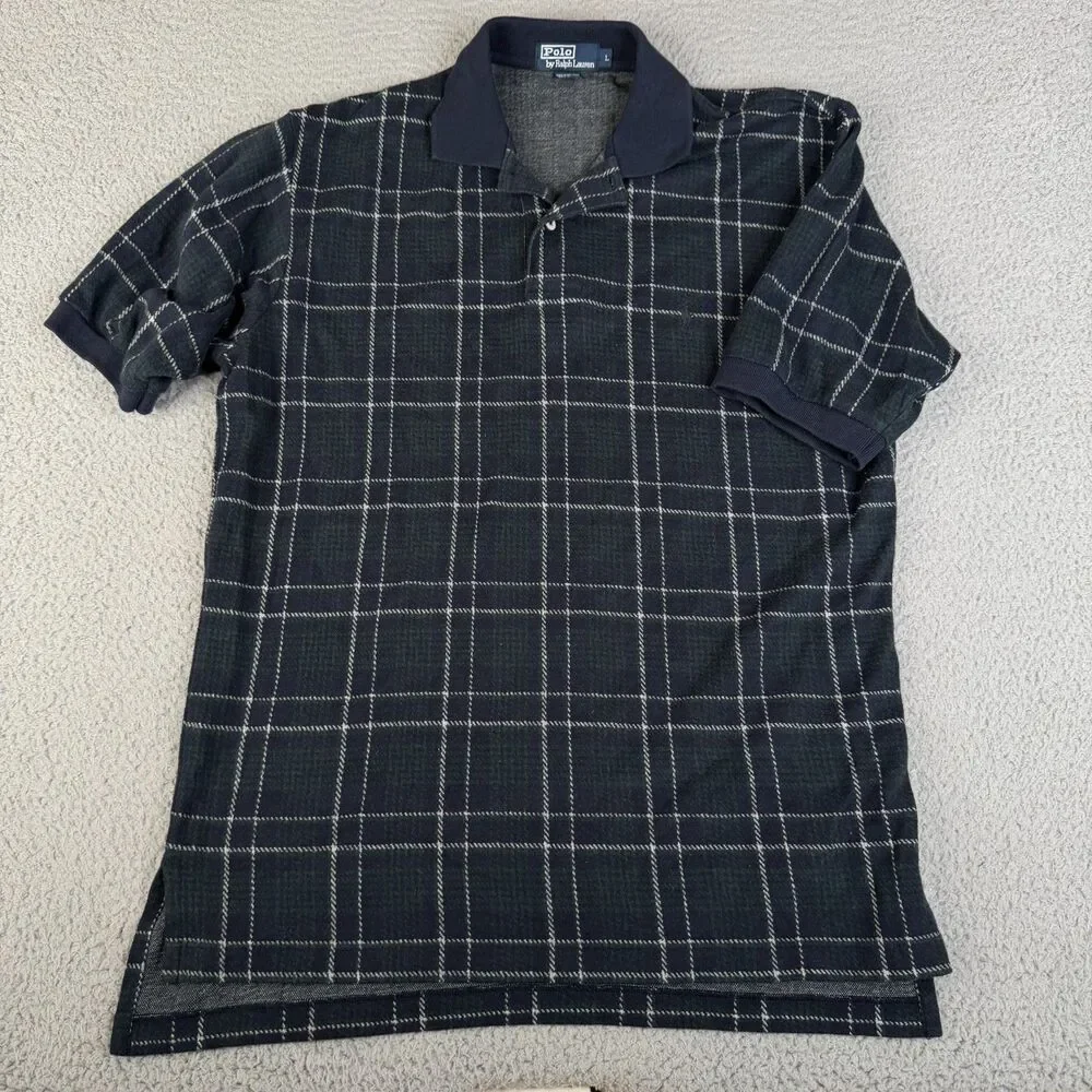 POLO RALPH LAUREN Polo Shirt Mens Large Blue Green Tartan Plaid Short Sleeve VTG